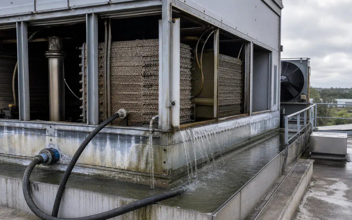 Cooling-tower fill media undergoing contained cleaning during a shutdown