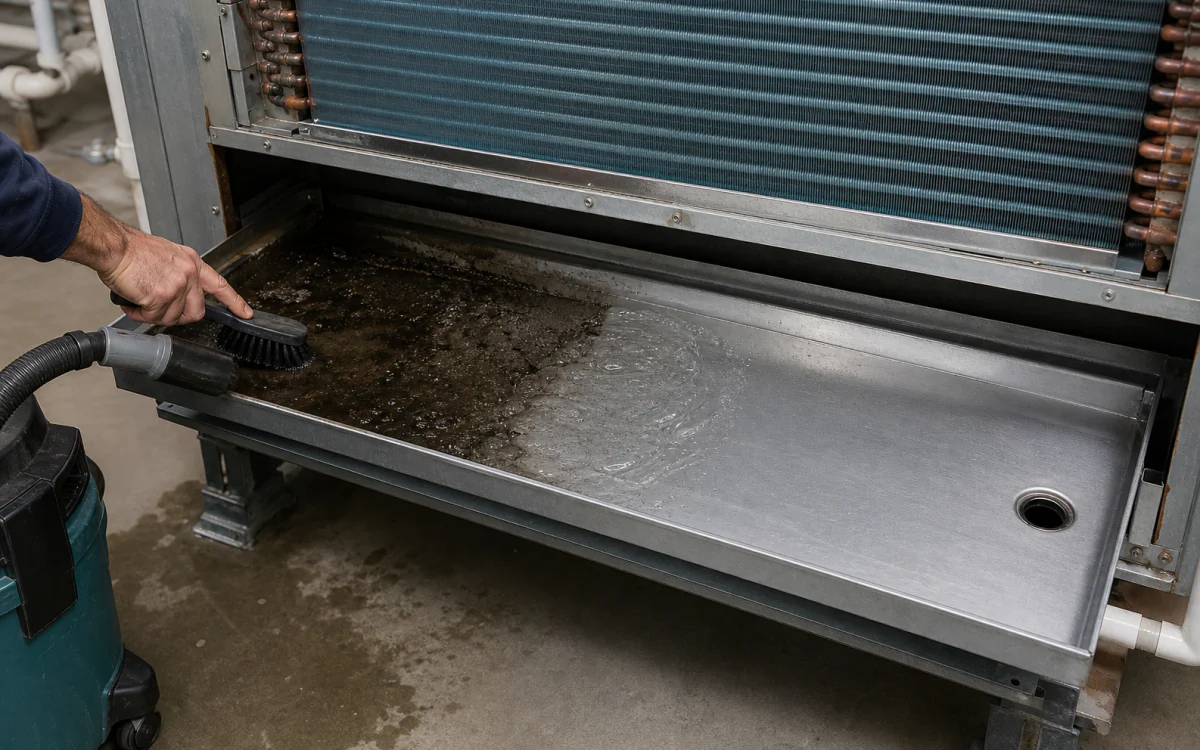 Air-handler condensate pan moving from wet sludge through brush and recovery to clean metal