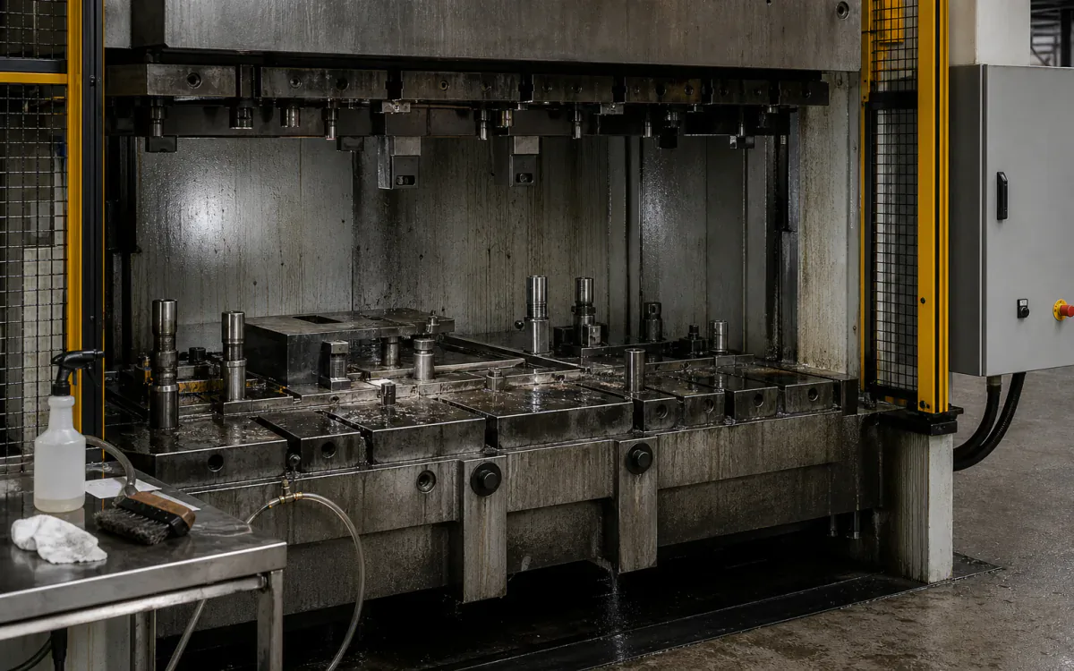 Isolated stamping press bed after controlled degreasing during maintenance