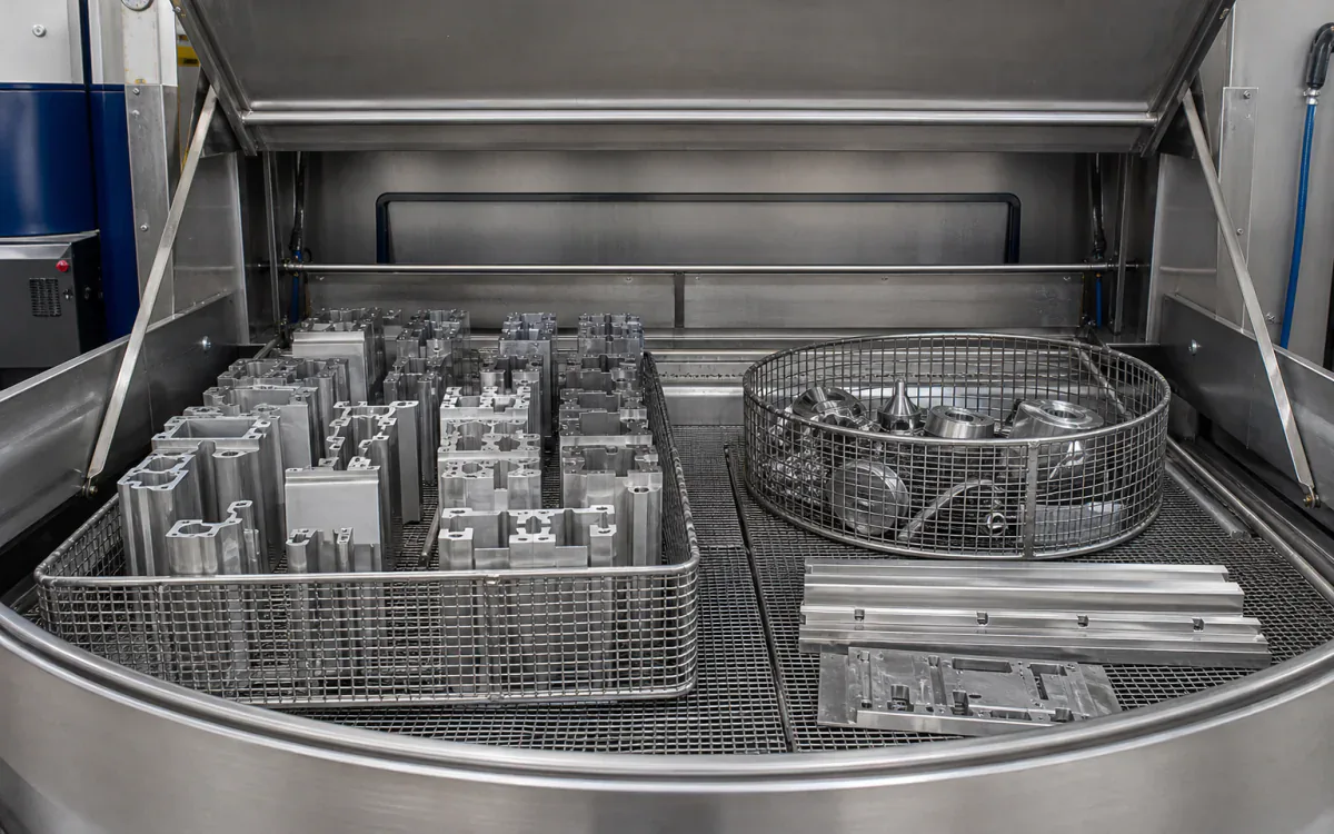 Machined parts completing a contained aqueous parts-wash cycle