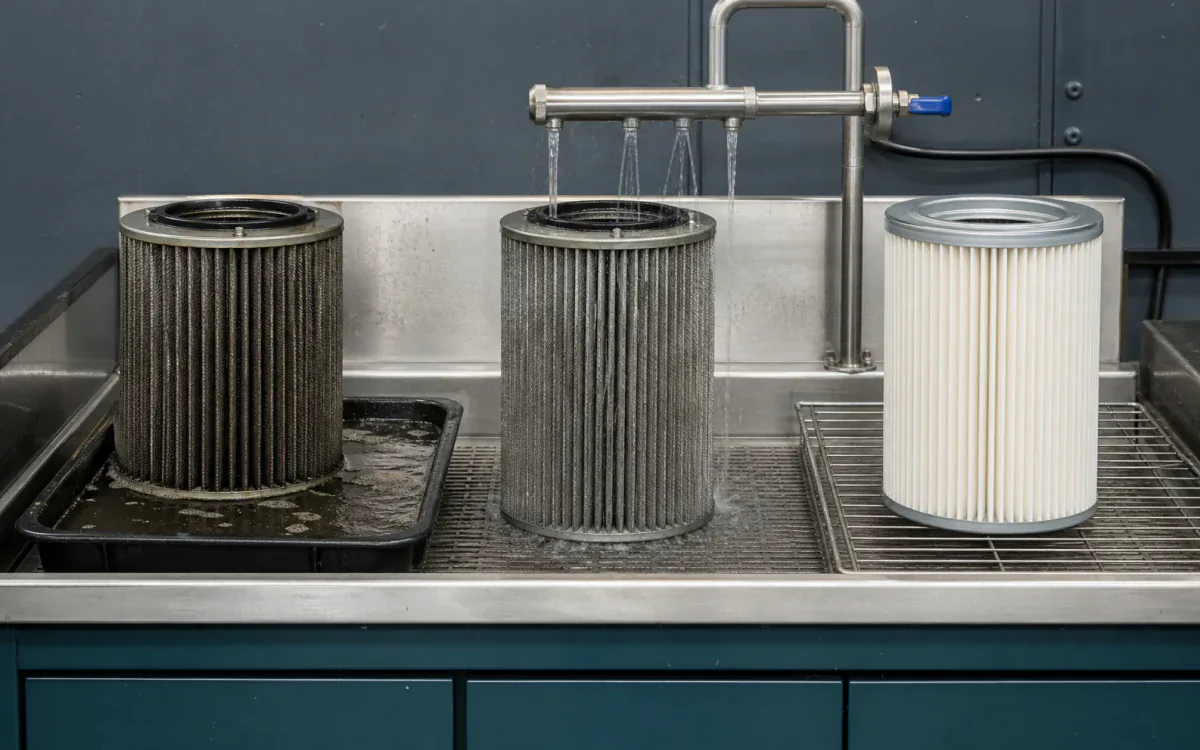 Manufacturer-approved reusable filter elements shown at wet soak, gentle rinse, and clean air-dry stages