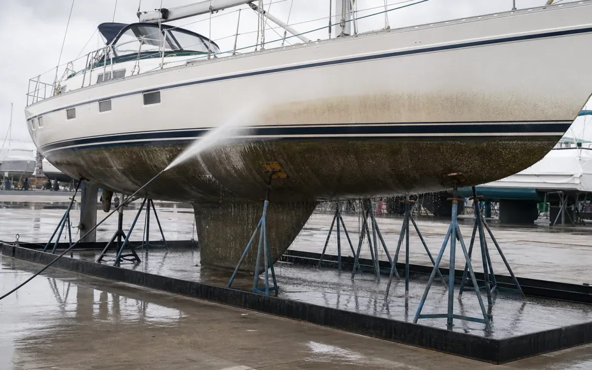 Boat hull and waterline being washed on a contained boatyard service pad