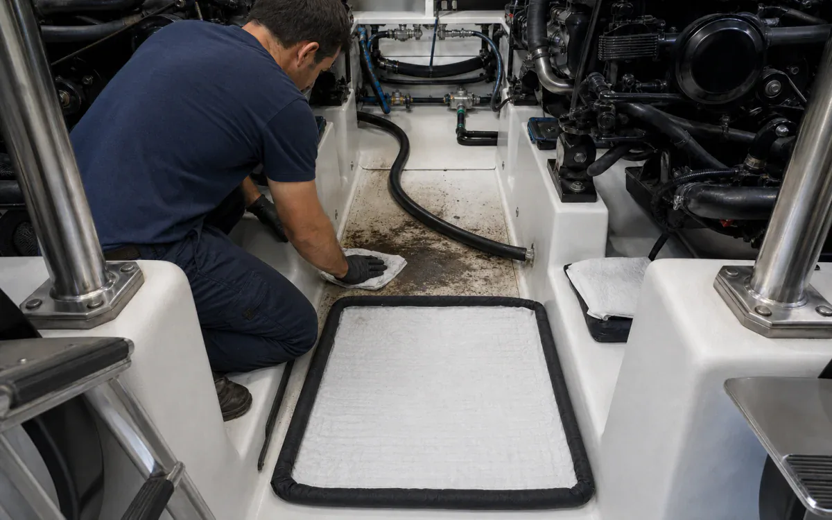 Marine technician removing oily residue from a yacht bilge with absorbent recovery