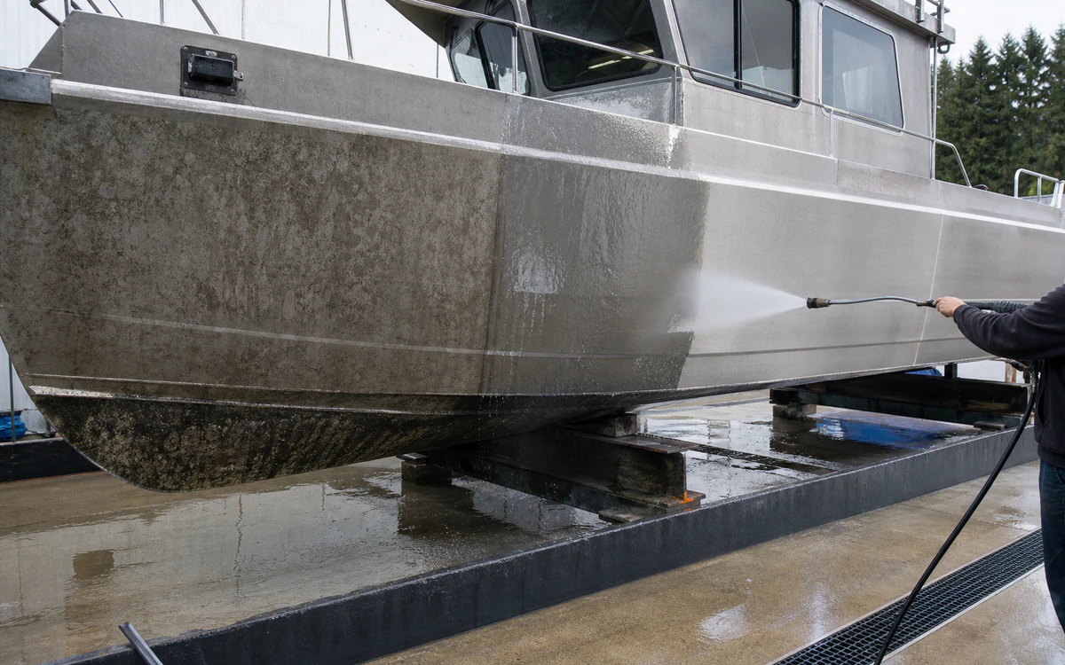 Wet-treated oxidation and waterline film being rinsed from an aluminum workboat on a contained pad