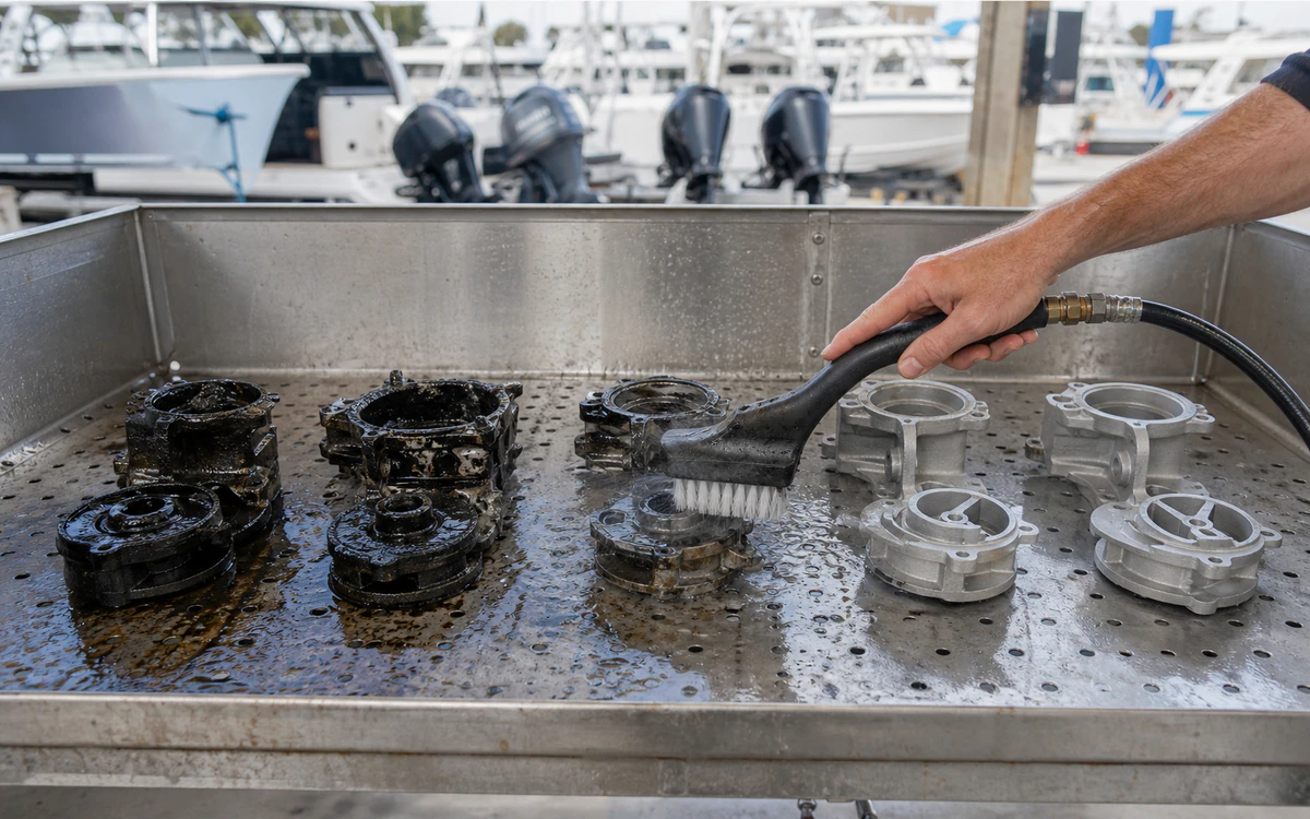 Outboard service components moving from wet oily residue to a clean dry finish