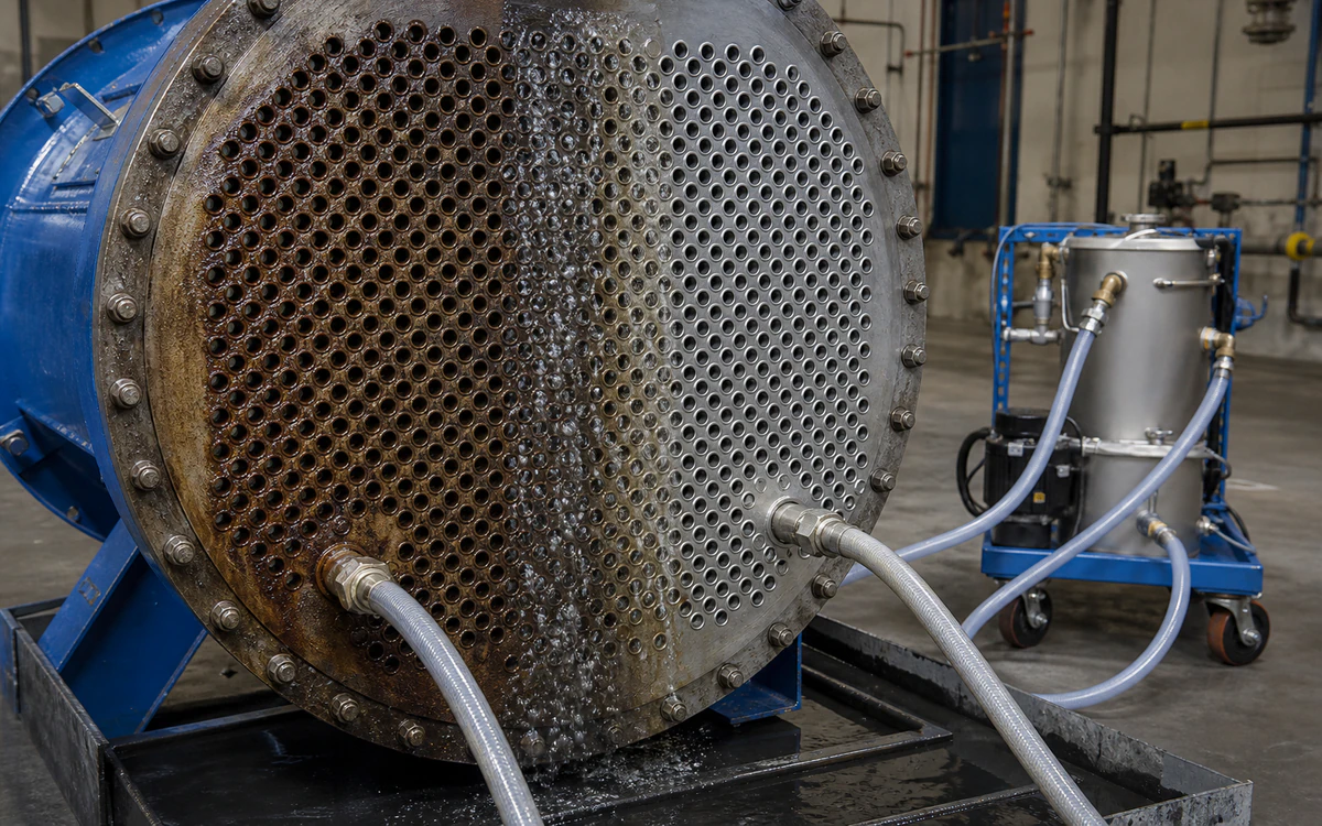 Shell-and-tube heat-exchanger tube sheet connected to a contained recirculation cleaning cart