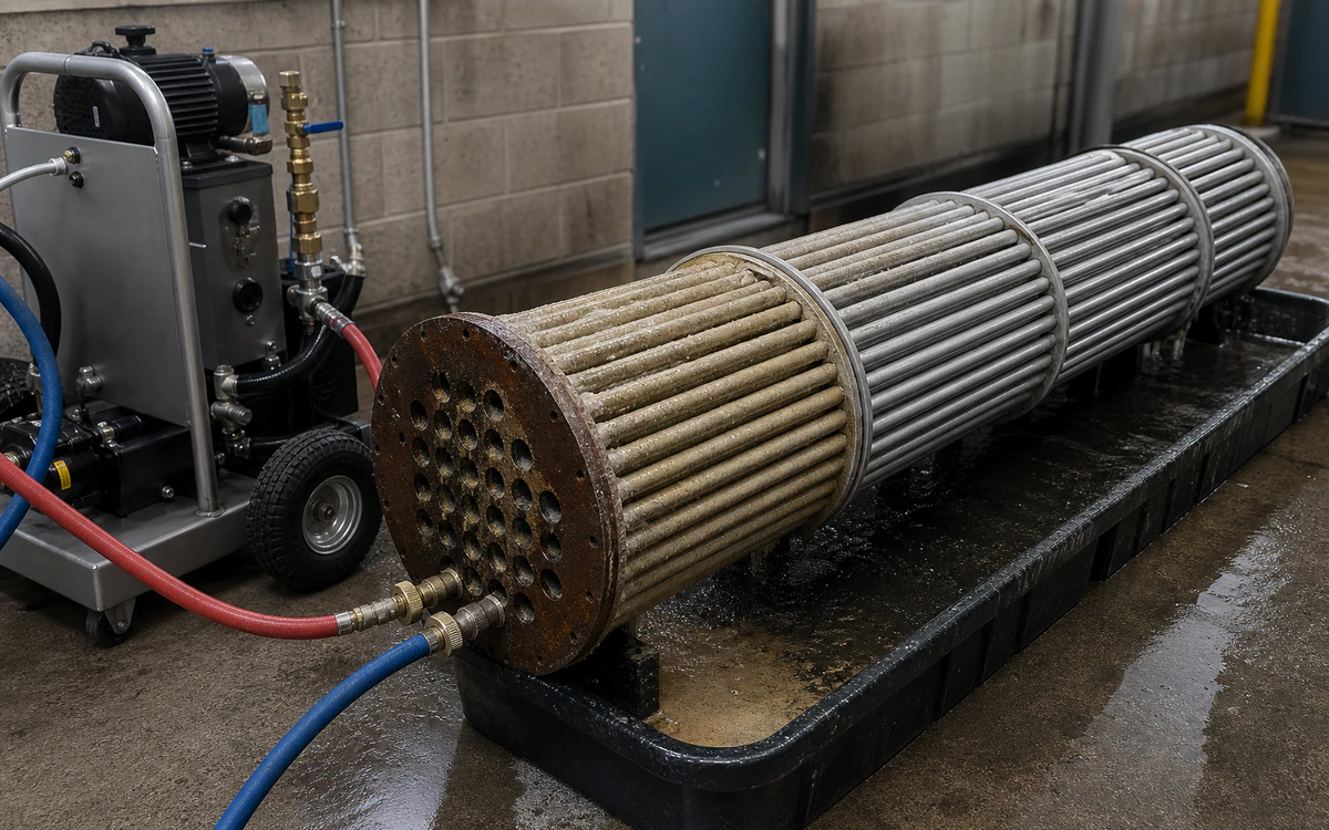 Commercial boiler heat-exchanger core connected to an isolated closed-loop flush cart