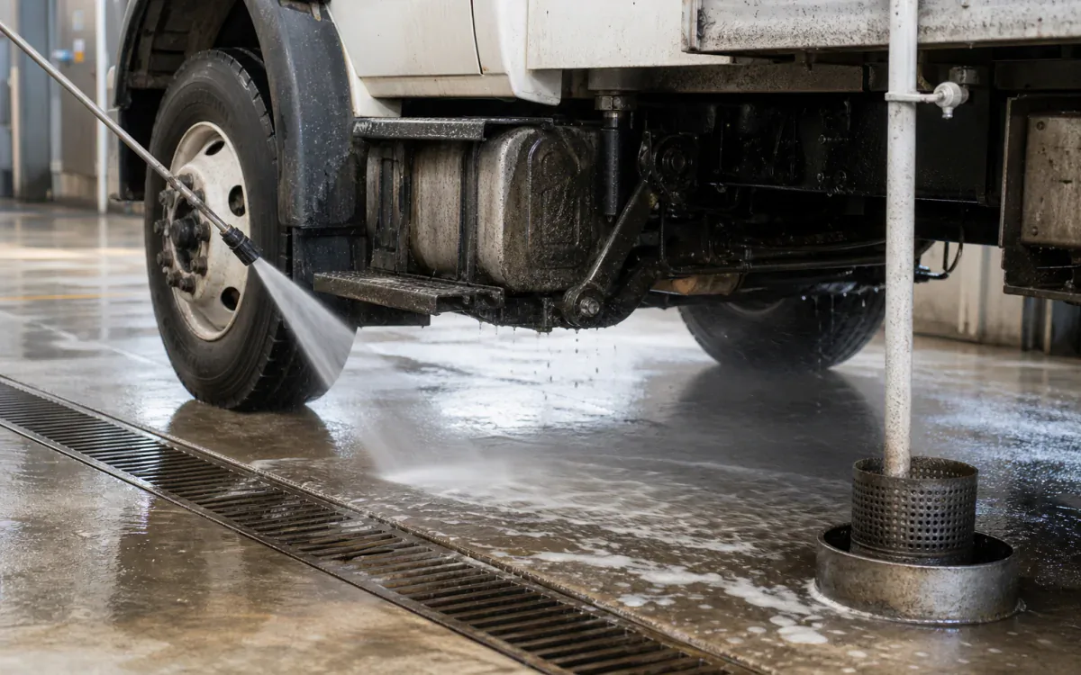 Public works fleet undercarriage undergoing a controlled wash with drain recovery