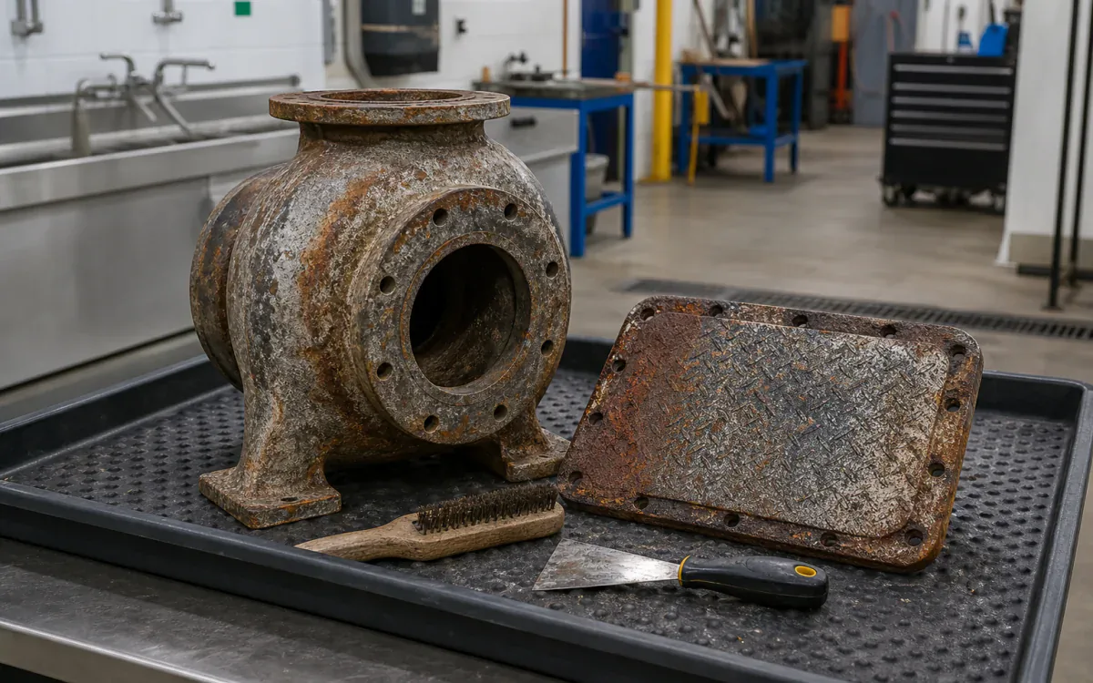 Rust-affected public works pump parts staged on a contained maintenance tray