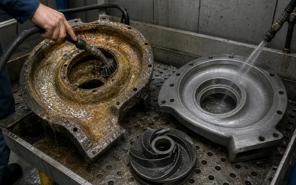 Utility technician agitating wet-treated mineral deposits on a removed pump impeller over containment