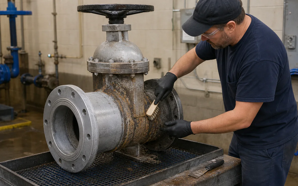 Utility technician removing mineral scale from an isolated gate valve on a service bench