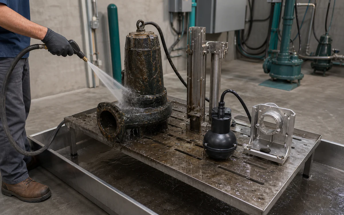 Removed lift-station pump and float components undergoing a contained above-ground rinse