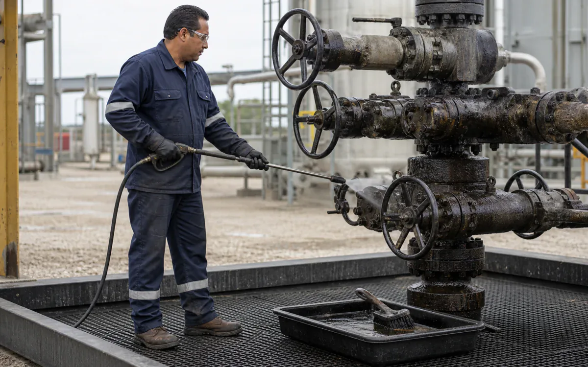 Technician degreasing a de-inventoried and gas-free oilfield valve manifold over containment
