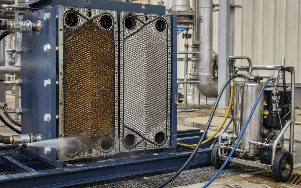 Industrial heat-exchanger plates showing fouling beside cleaned metal during an isolated service clean
