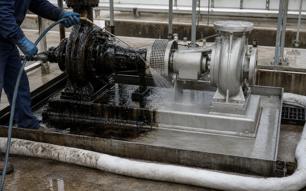 Wet hydrocarbon residue being rinsed from an isolated industrial pump skid over containment