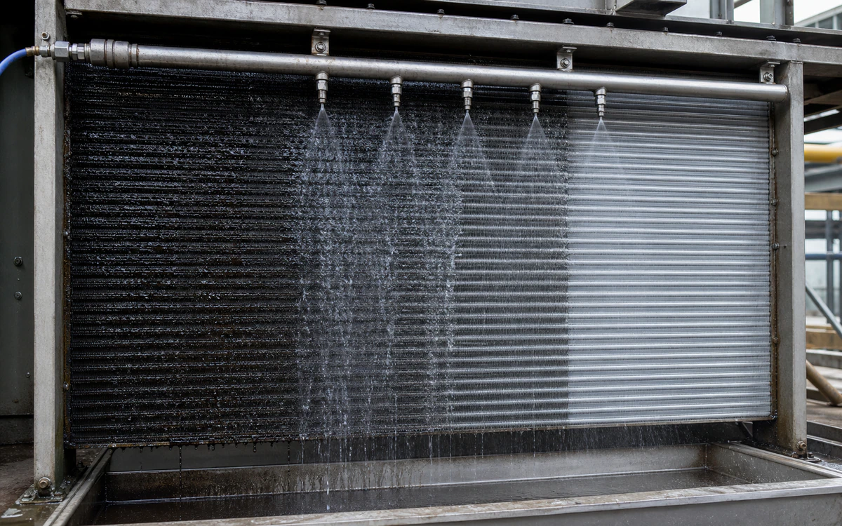 Fixed low-pressure manifold cleaning wet oily residue from an isolated fin-fan cooler coil