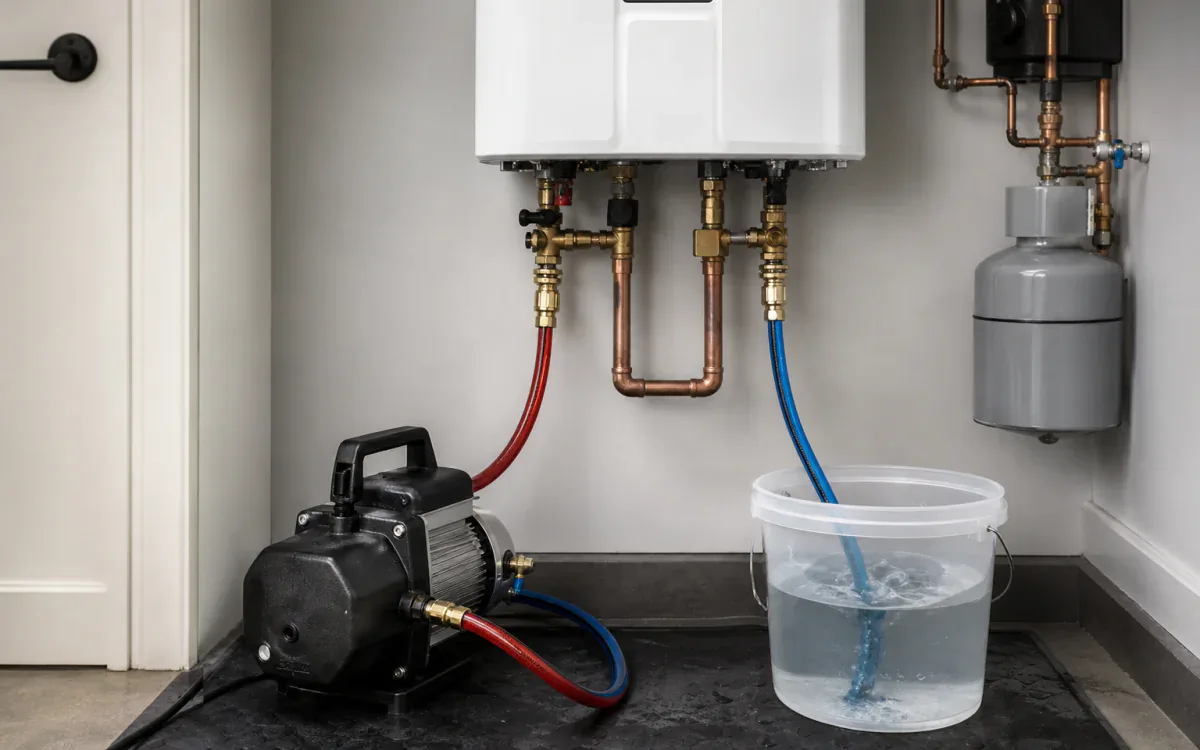 Tankless water heater connected to a compact closed-loop descaling flush pump
