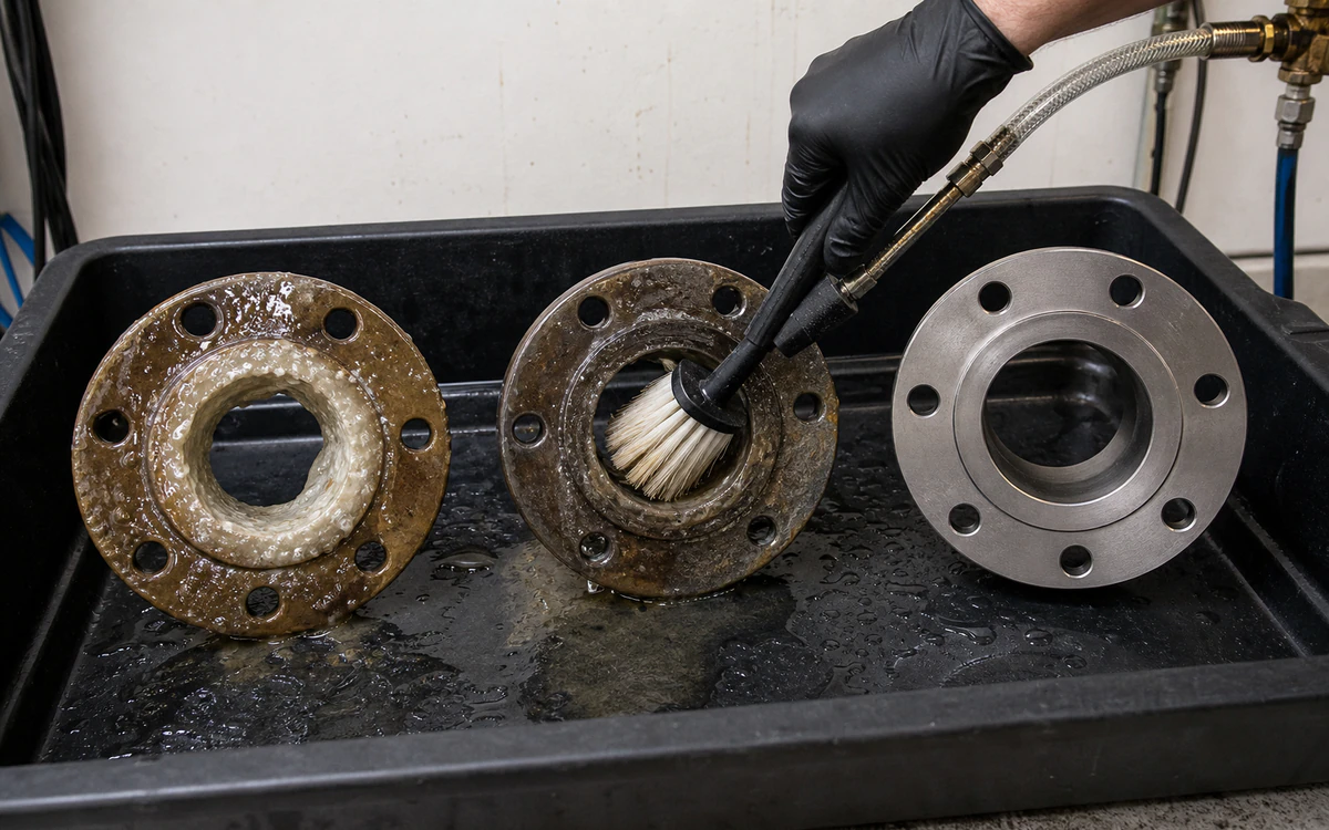 Removed pipe flanges shown at wet dwell, brush agitation, and clean dry stages