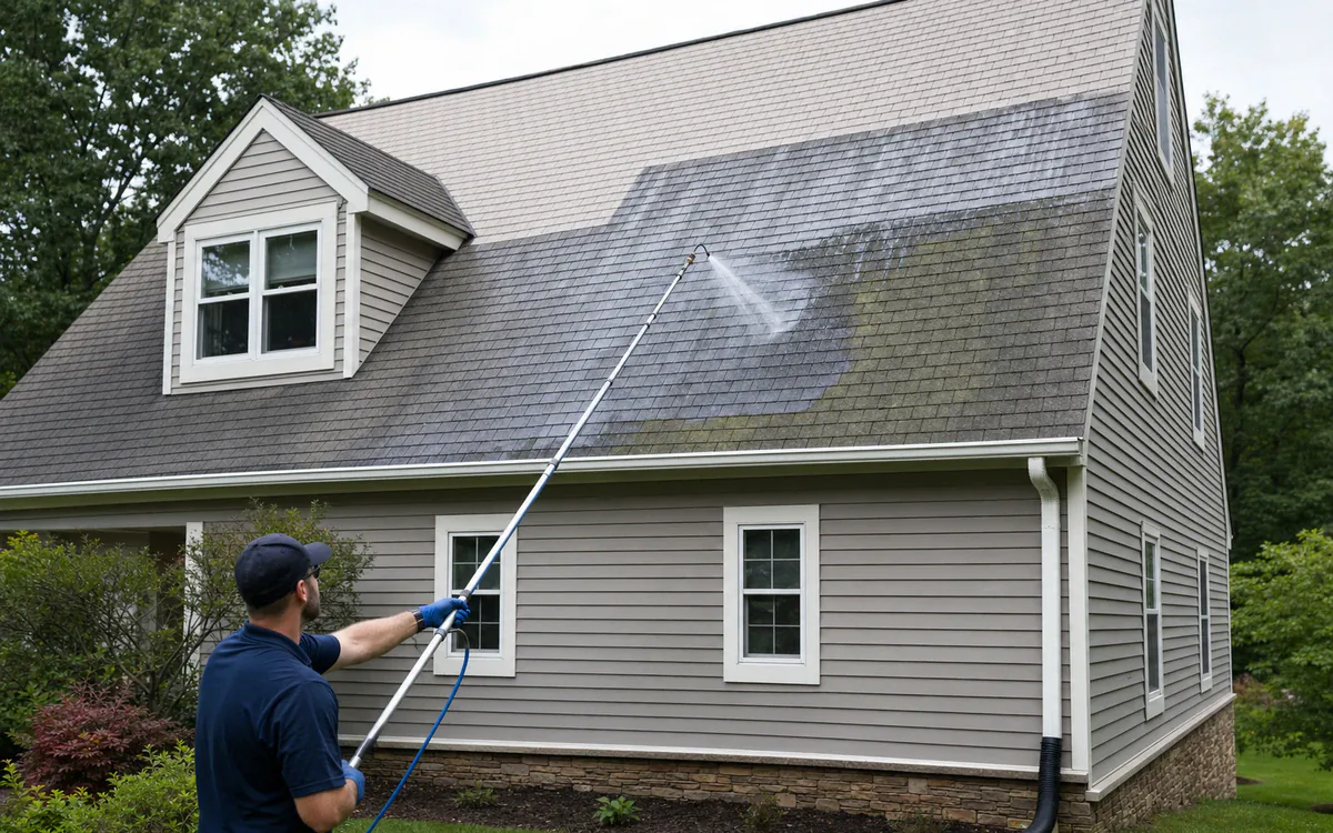 Contractor using a connected ground-based soft-wash pole on wet algae at a steep residential roof