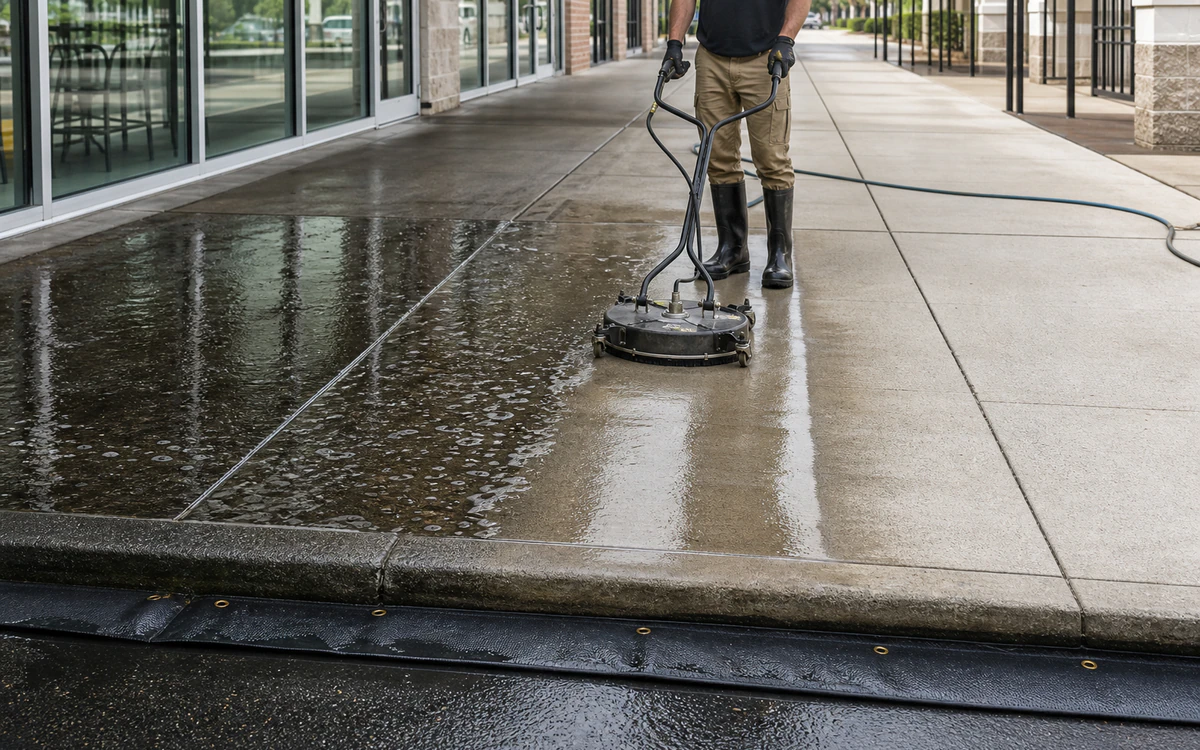 Connected surface cleaner moving from wet chemical dwell to a clean storefront walkway
