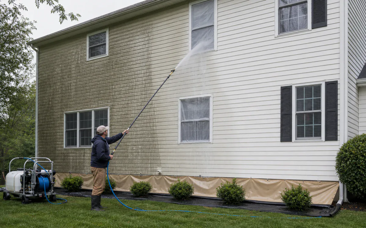Ground-based contractor moving wet siding soil through a gentle rinse to a clean facade