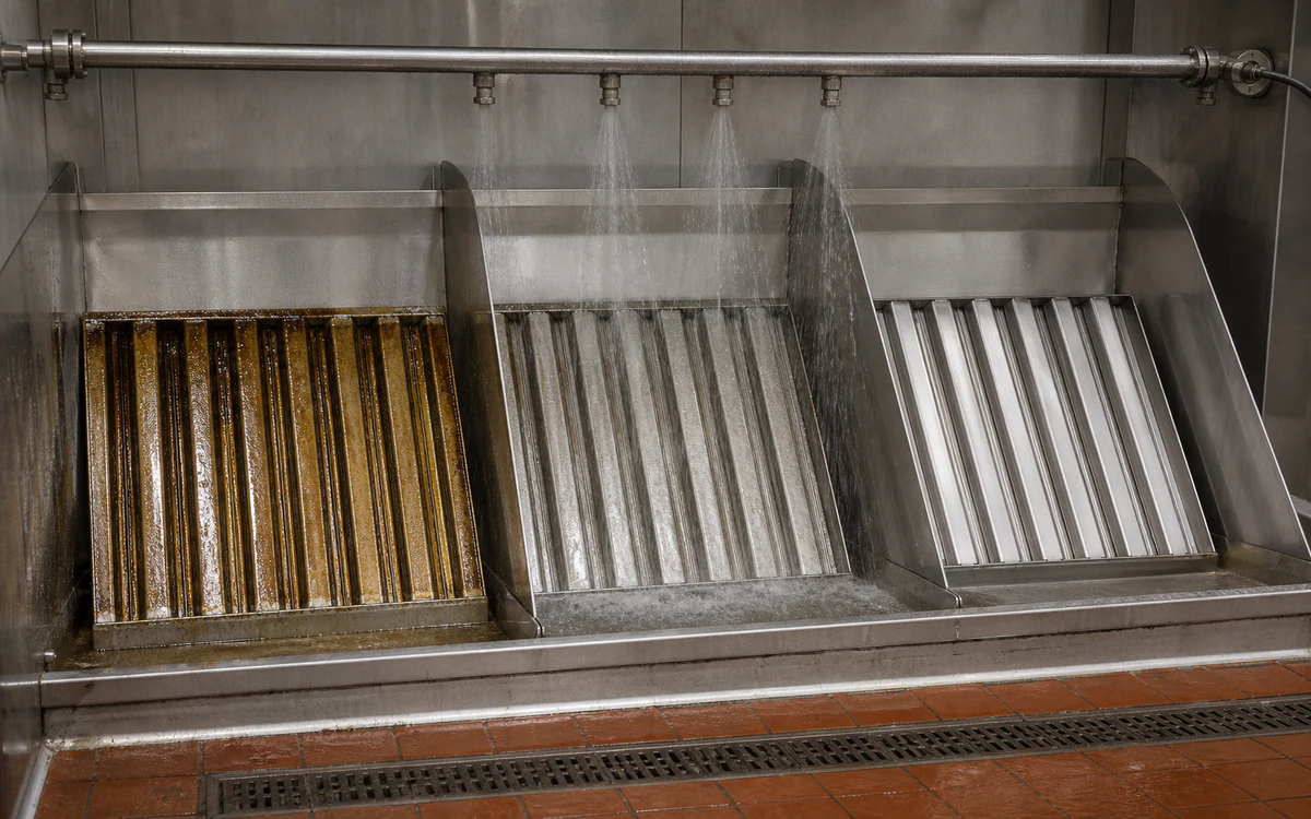 Commercial hood filters moving from wet grease dwell through fixed rinse to clean