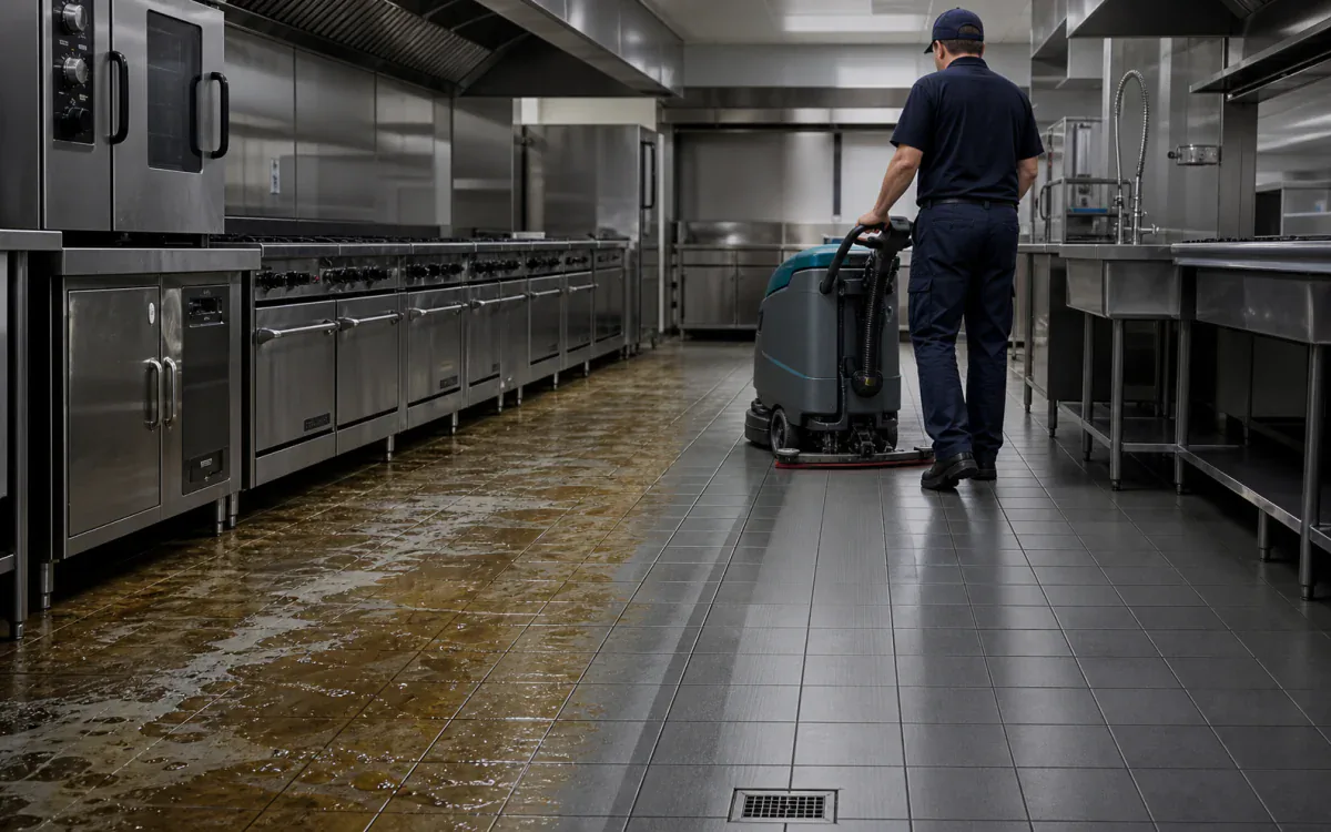 Walk-behind auto-scrubber recovering wet grease from an empty commercial-kitchen tile floor