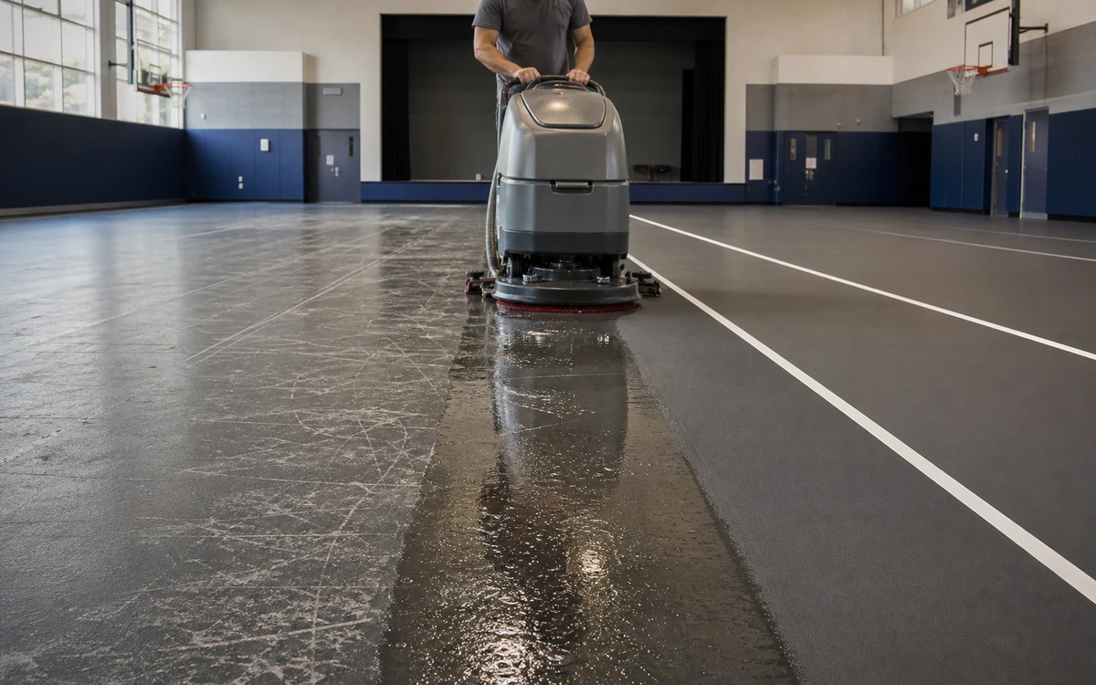 Walk-behind auto-scrubber recovering wet soil and scuffs from an empty school gym floor