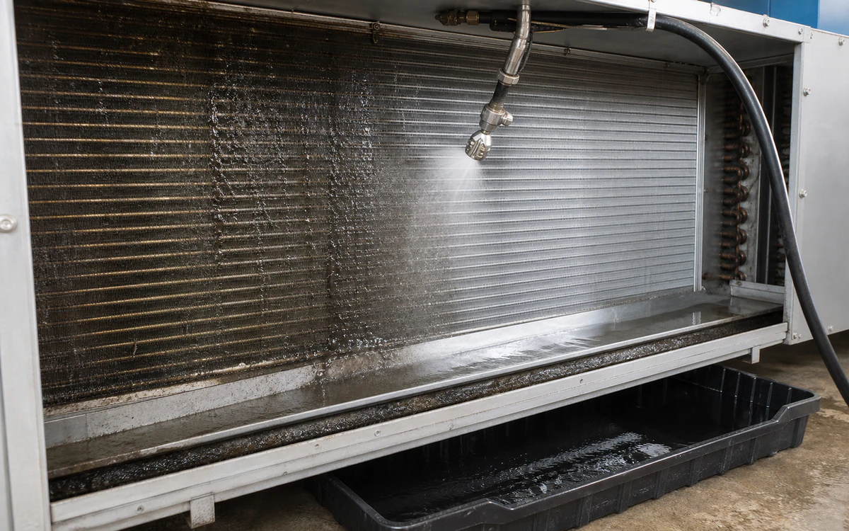 Connected low-pressure rinse cleaning an isolated school air-handler coil over recovery