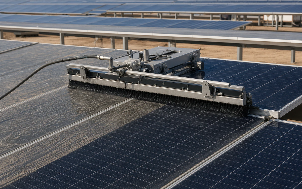 Rail-guided soft-brush carriage cleaning a wet dusty section of utility-scale solar modules
