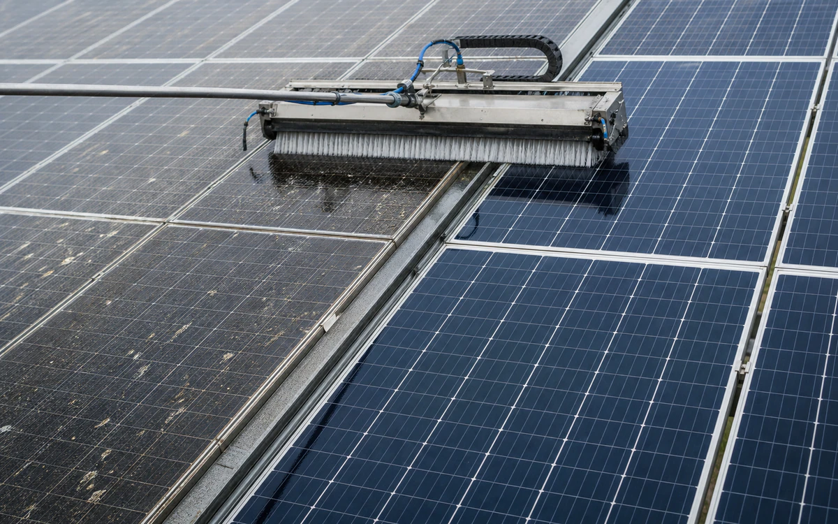 Connected rail-mounted brush moving from wet spotted modules to a clean dry band