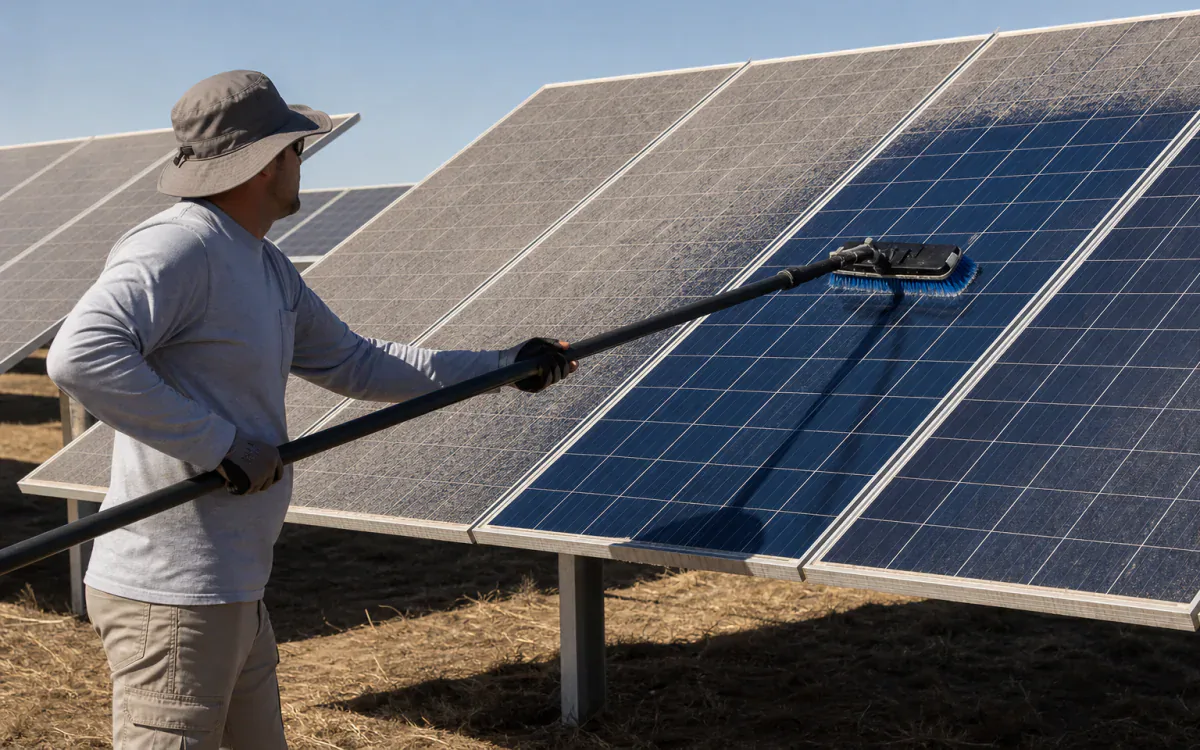 Technician using a connected water-fed soft brush on utility-scale solar panels