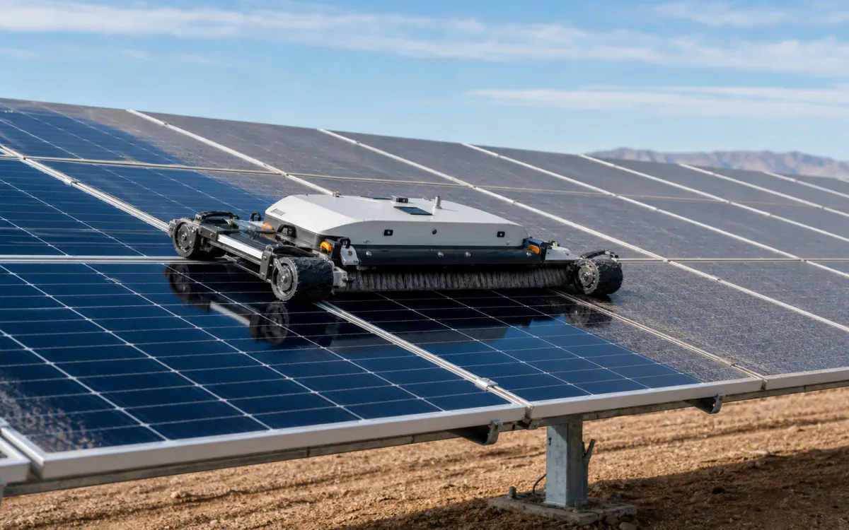Autonomous soft-brush robot leaving a clean pass across dusty photovoltaic panels