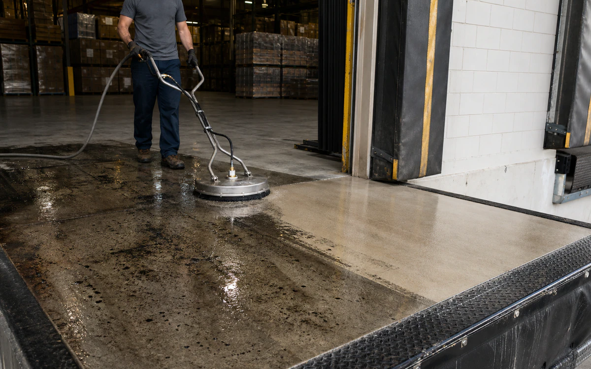 Connected surface cleaner moving from wet pallet grime to a clean loading-dock lane