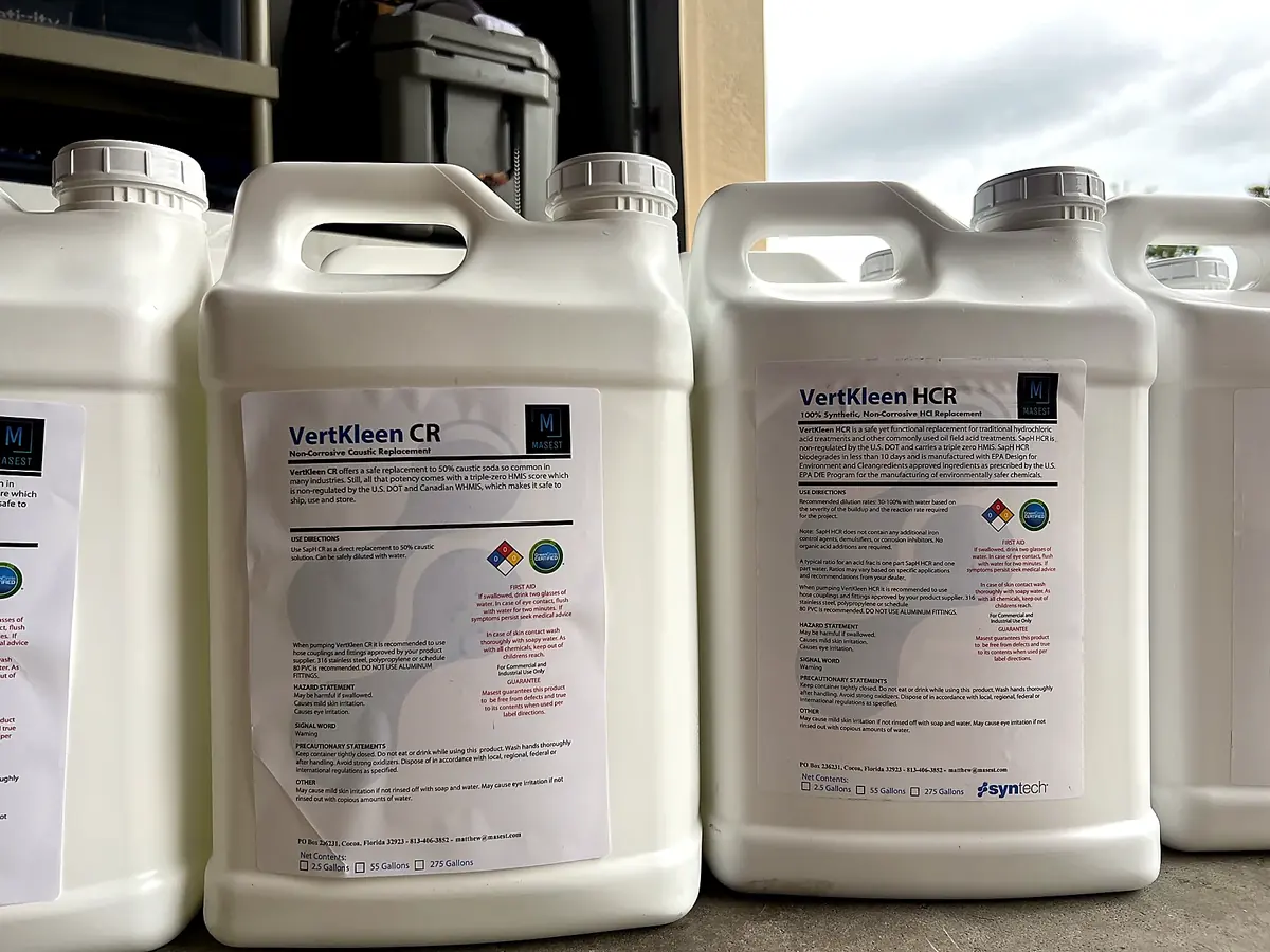 VertKleen CR and HCR product jugs with readable field labels