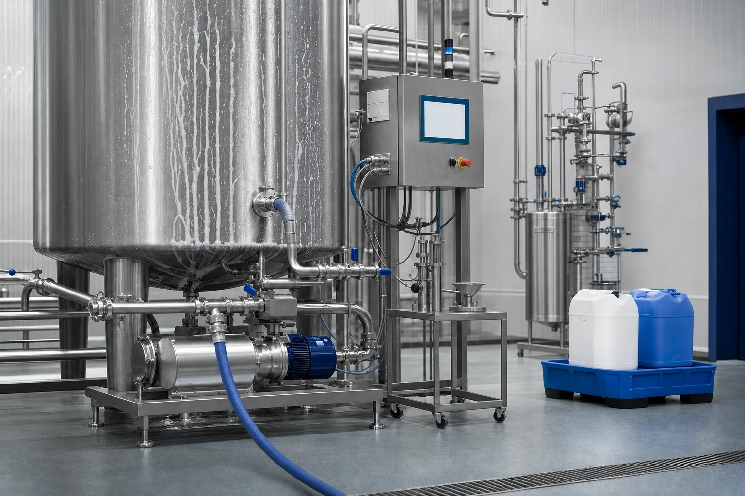 Representative stainless CIP cycle skid with closed hoses, tank, pump, and unreadable cycle screen