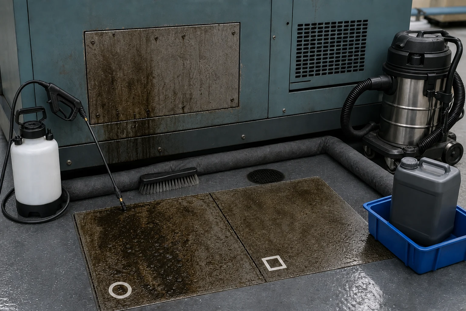 Representative contained industrial degreasing trial with sprayer, wet vacuum, and recovery barriers