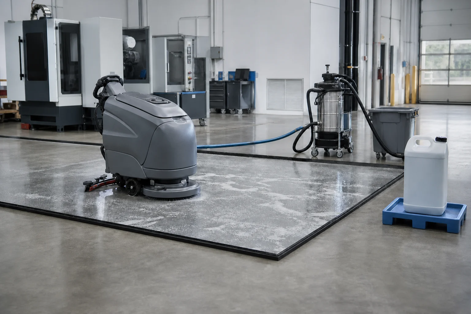 Representative low-foam machine-wash setup with a parked floor scrubber and contained recovery