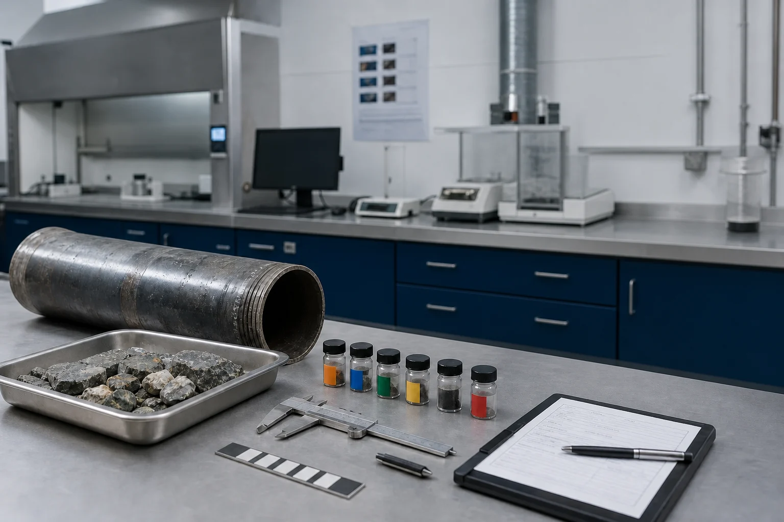 Deposit-analysis bench with a sample, pipe section, caliper, and record sheet