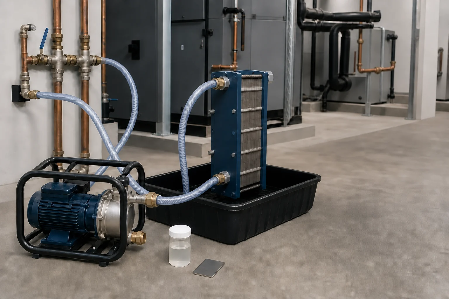 Representative isolated HVAC descaling loop with hoses, containment, sample jar, and metallurgy coupon