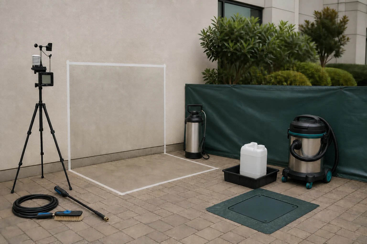 Representative exterior surface test-patch setup with protected landscaping and wash-water containment