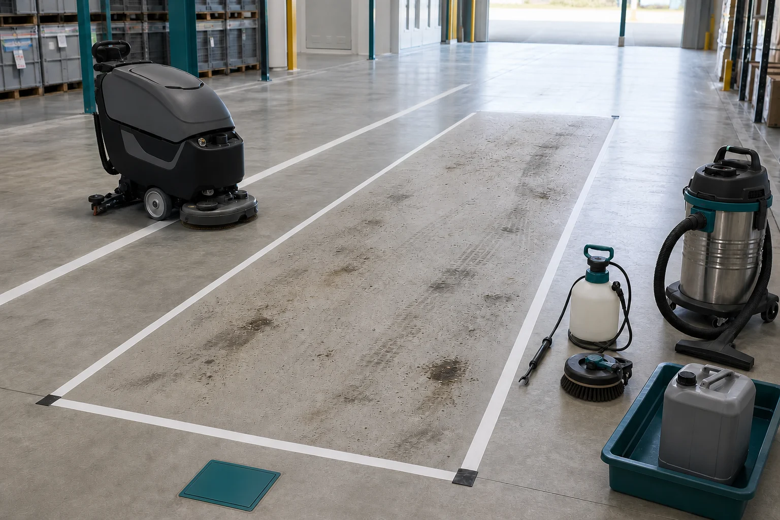 Representative facility-floor cleaning trial with scrubber, wet vacuum, and contained application tools