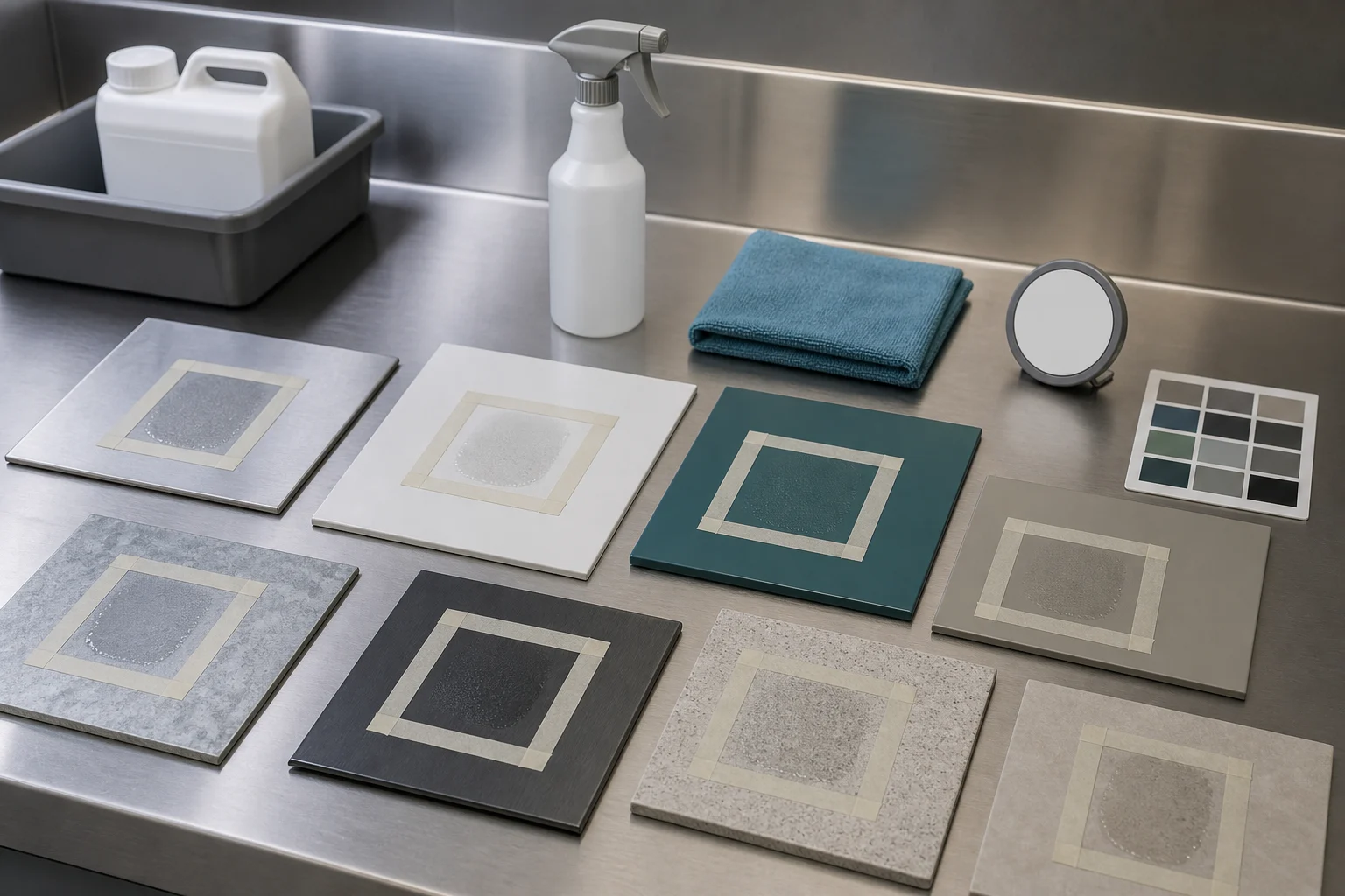 Representative neutral-cleaner material test patch on a finished surface with contained application tools