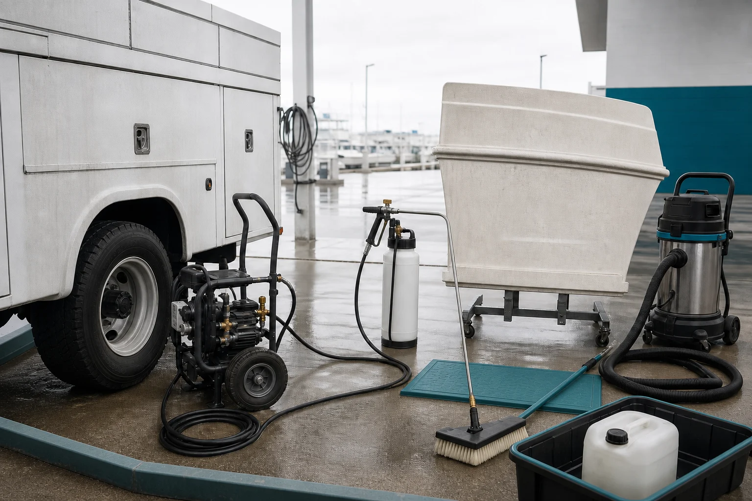 Representative contained fleet-wash setup with service vehicle, pressure washer, and recovery equipment