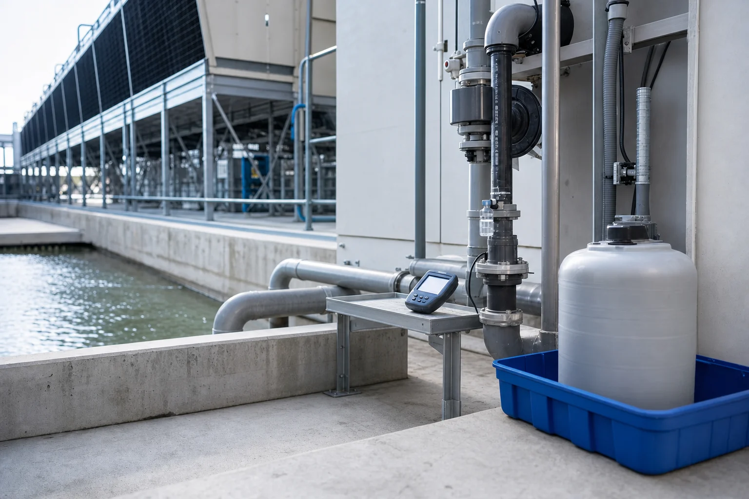 Representative cooling-water program setup with generic treatment tank, controller, and containment