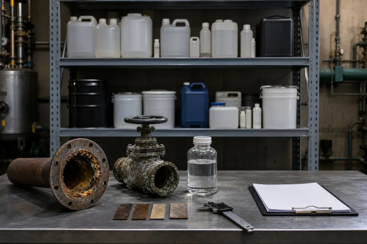 Maintenance-chemical shelf, pipe samples, valve, and water sample