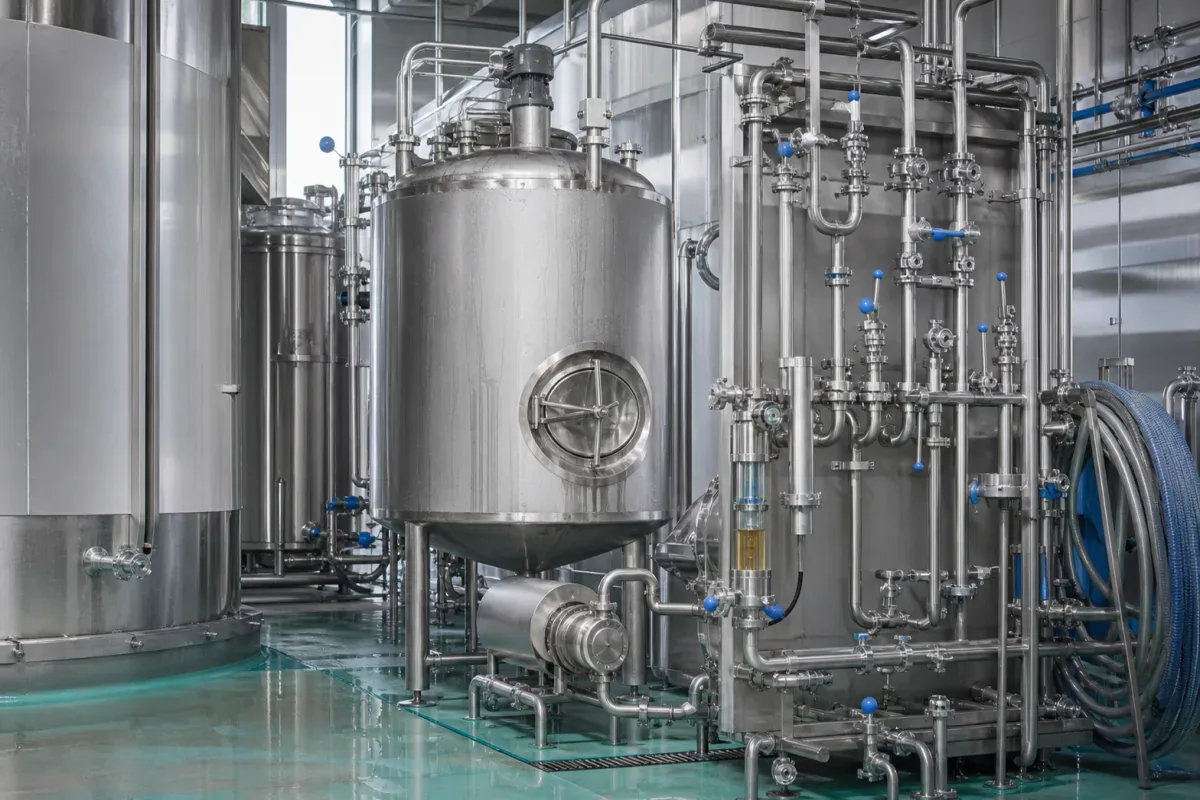 Sanitary CIP vessels and process piping in a food and beverage facility