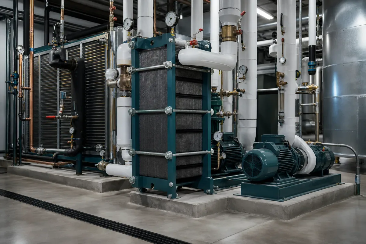 Commercial HVAC heat exchanger, pumps, and mechanical-room piping