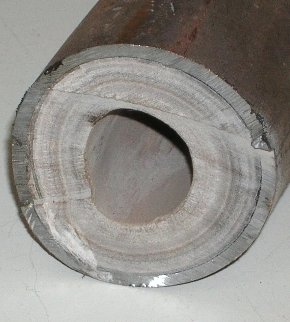 Pipe section nearly closed by calcium carbonate scale